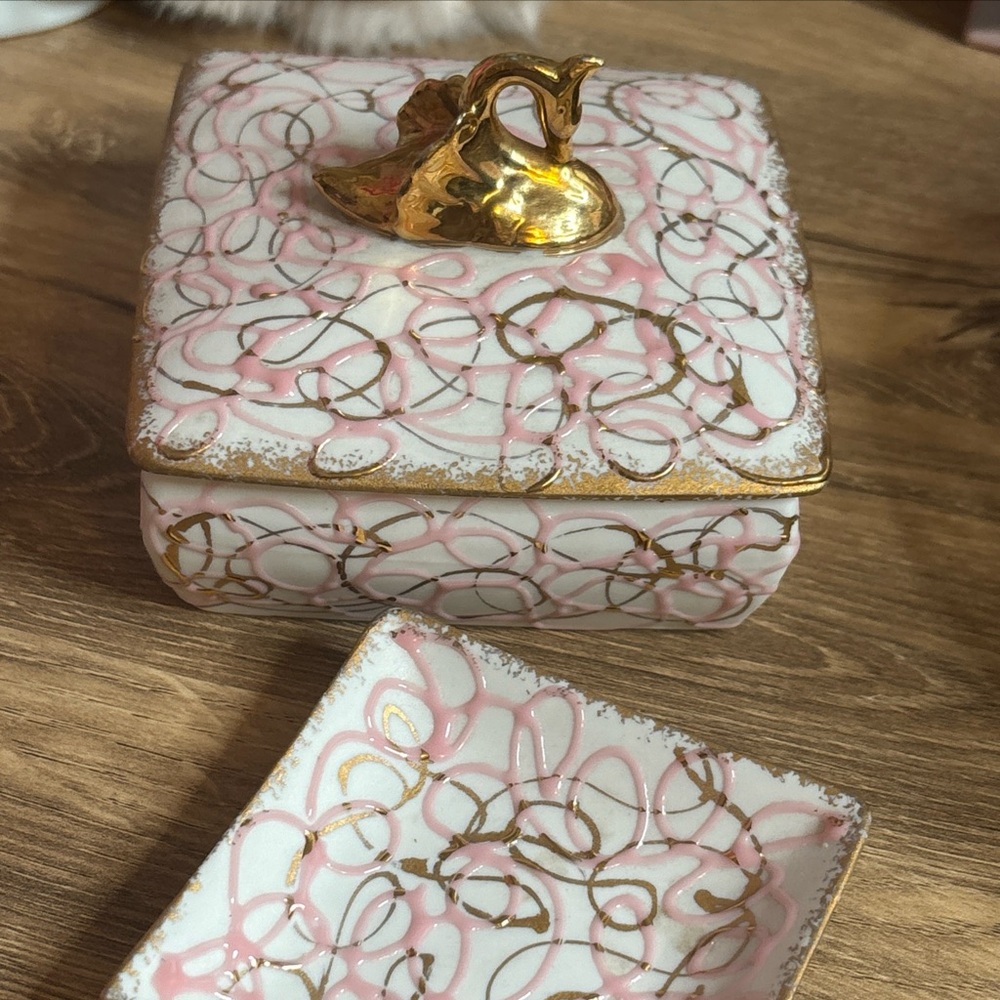 Vintage L’Amour China signed and numbered Gold and Pink Decorative Box and dish